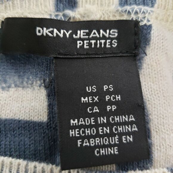 DKNY Jeans Petites Womens Size PS Top 100% Cotton Striped Blue Beige Dolman - Picture 7 of 9